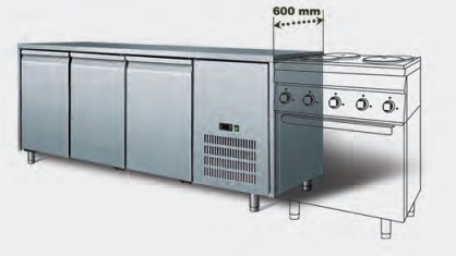 Refrigeración por aire Acero inoxidable GN1/1 3 Puertas Mesa de trabajo Chiller Temperatura 2 ~ 8.C Unidad de refrigeración