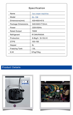 Equipo de refrigeración industrial de 700W con hopper de 5L y tanque de congelación de 1.6L para una producción de 6-8kg/h
