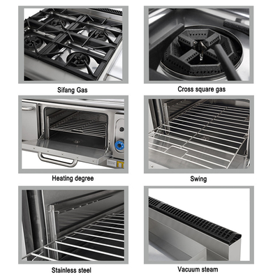 Gas de acero inoxidable 4 estufas de gama con horno Equipo de hoteles comerciales GLP/gas natural 150KG N.W.