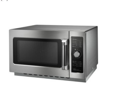 Horno de microondas de cocina en blanco y negro con rango de temperatura de 0 a 200 ° C