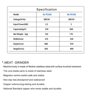 Gran máquina de moler de carne comercial de 320 kg/h con potencia de 2200 W y accionamiento de la cadena de la turbina de cobre