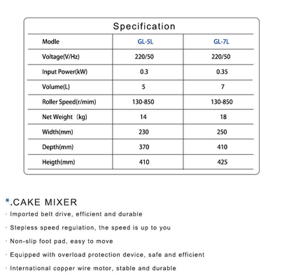 Mezclador de pasteles de hotel comercial con capacidad de 7L y motor de alambre de cobre estable 14KG 0.35KW de potencia
